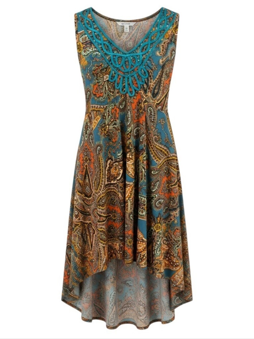 One World Babydoll Dress Sz S Paisley Lace Crochet V Neck Sleeveless Hi Lo Hem